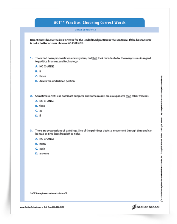 ACT Grammar Practice Worksheet: Choosing Correct Words