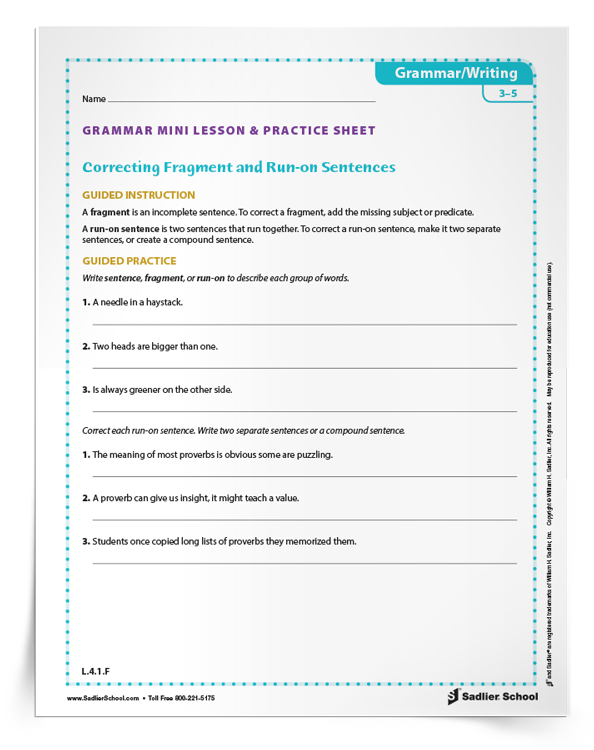 Correcting Fragment and Run-on Sentences Mini Lesson & Practice Sheet