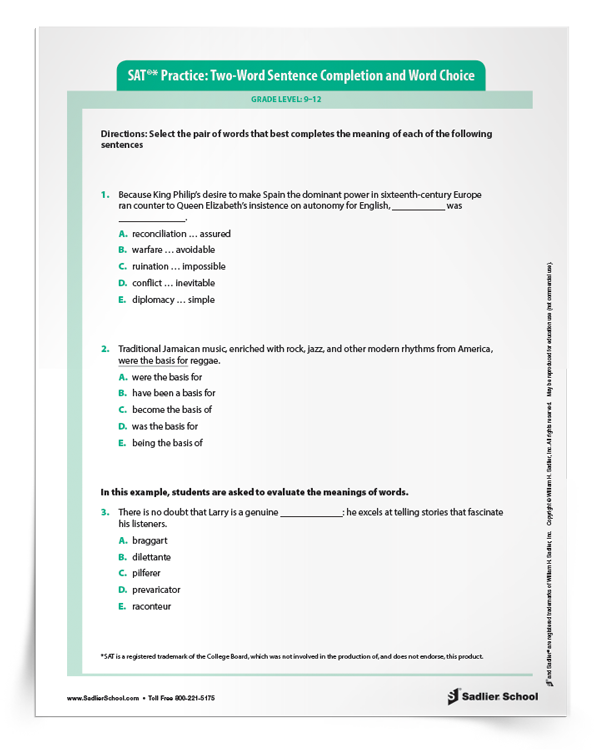 SAT Grammar Practice Worksheet: Sentence Completion