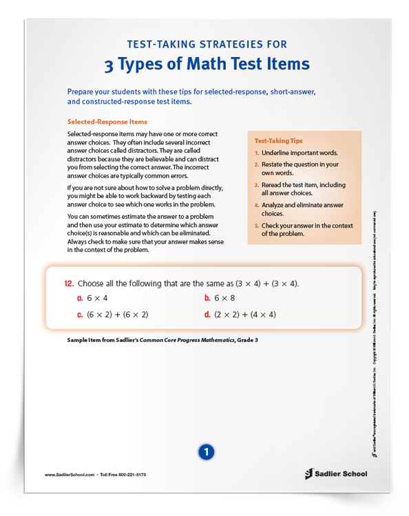 Test-Taking Strategies for Math Tip Sheets