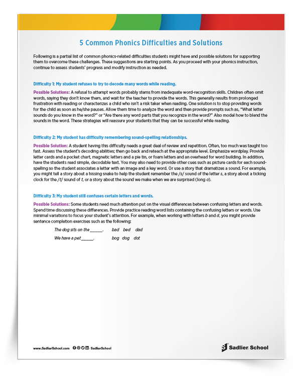 5 Common Phonics Difficulties and Solutions Tip Sheet
