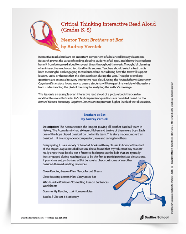 Critical Thinking Interactive Read Aloud of Brothers at Bat