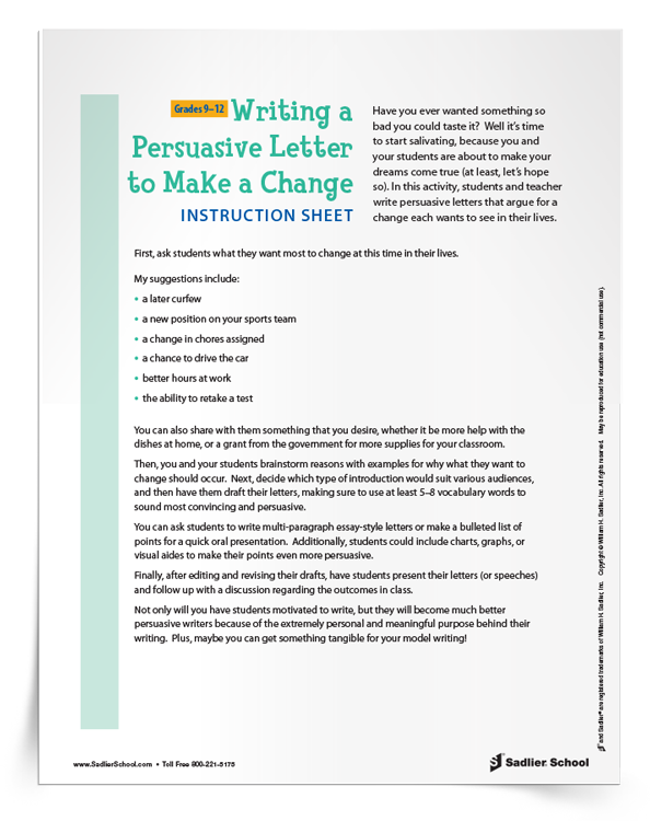 Writing a Persuasive Letter to Make a Change Activity