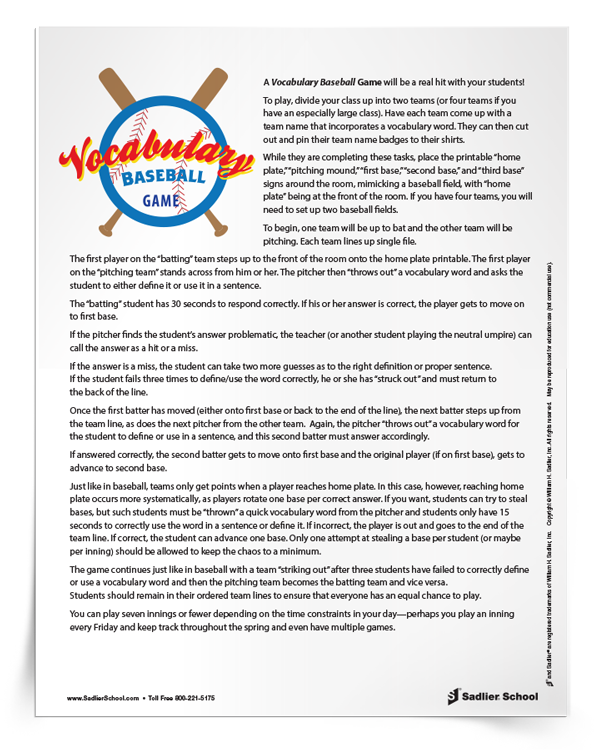 Vocabulary Baseball Game