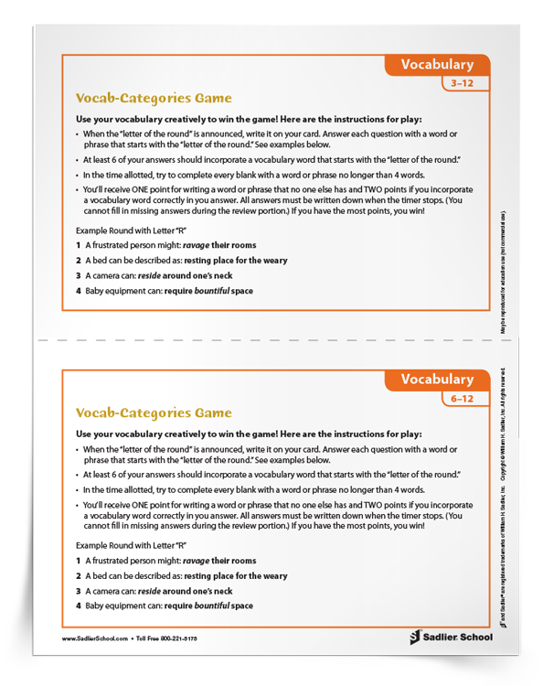 Vocab-categories Vocabulary Game