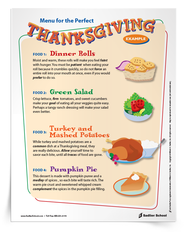 Menu for the Perfect Thanksgiving Vocabulary Activity