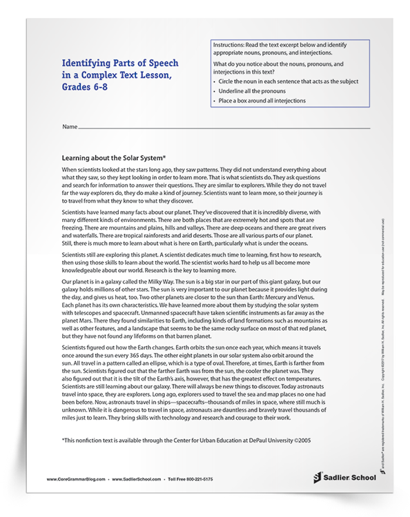 Identifying Parts of Speech in a Complex Text Lesson