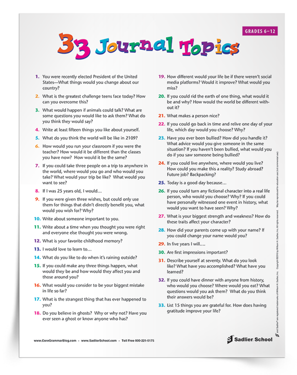 Journal Writing Topics for Students Worksheet