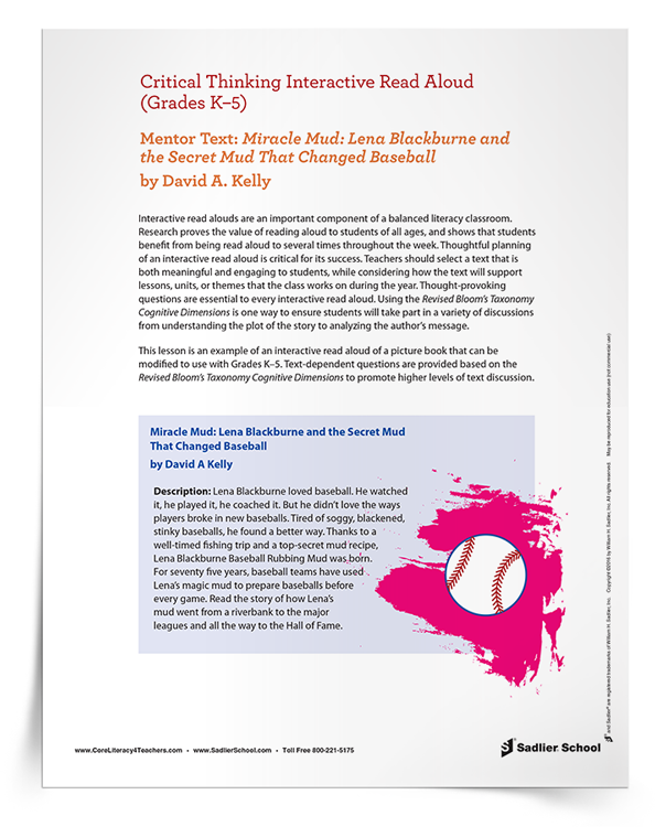 Critical Thinking Interactive Read Aloud of Miracle Mud: Lena Blackburne and the Secret Mud That Changed Baseball