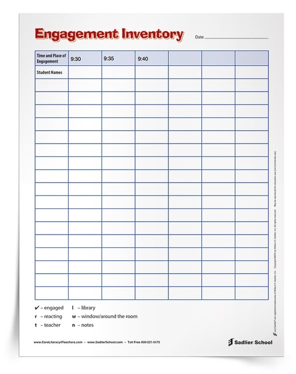 Reading Engagement Inventory Observation Worksheet