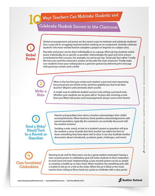10 Ways Teachers Can Motivate Students and Celebrate Student Success in the Classroom Tip Sheet