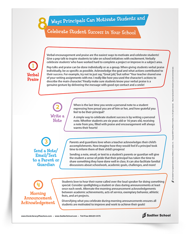 8 Ways Principals Can Motivate Students and Celebrate Student Success in the Classroom Tip Sheet