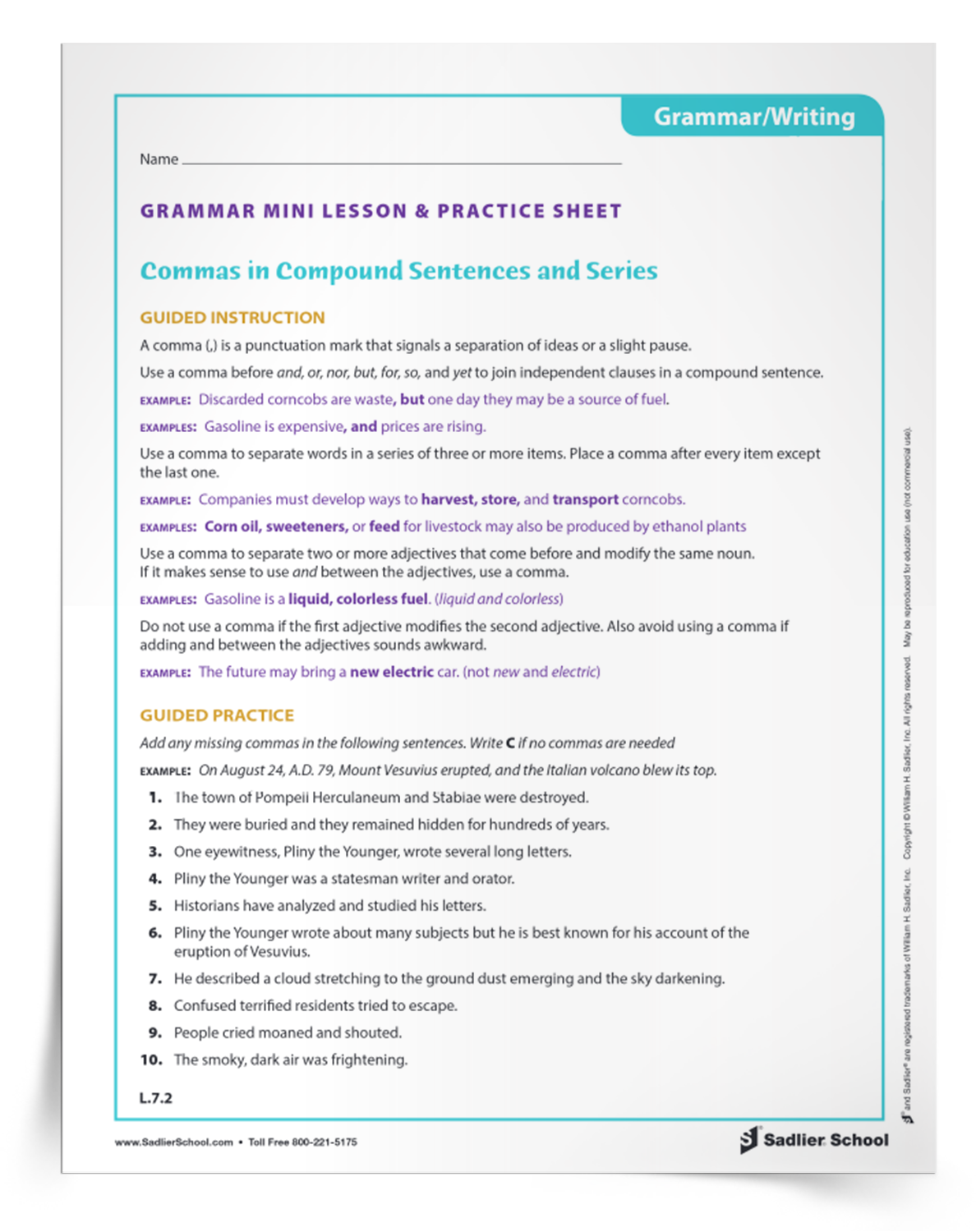 Commas in Compound Sentences and Series Mini Lesson & Practice Sheet