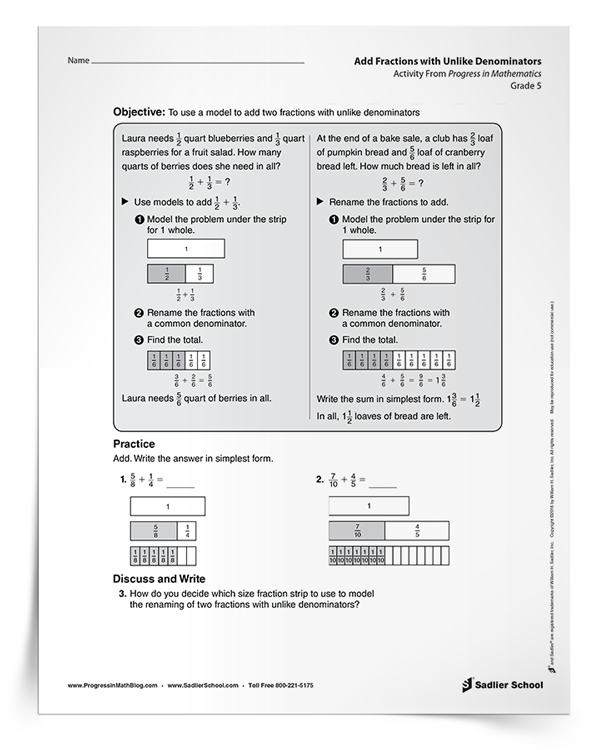 Add Fractions with Unlike Denominators Activity