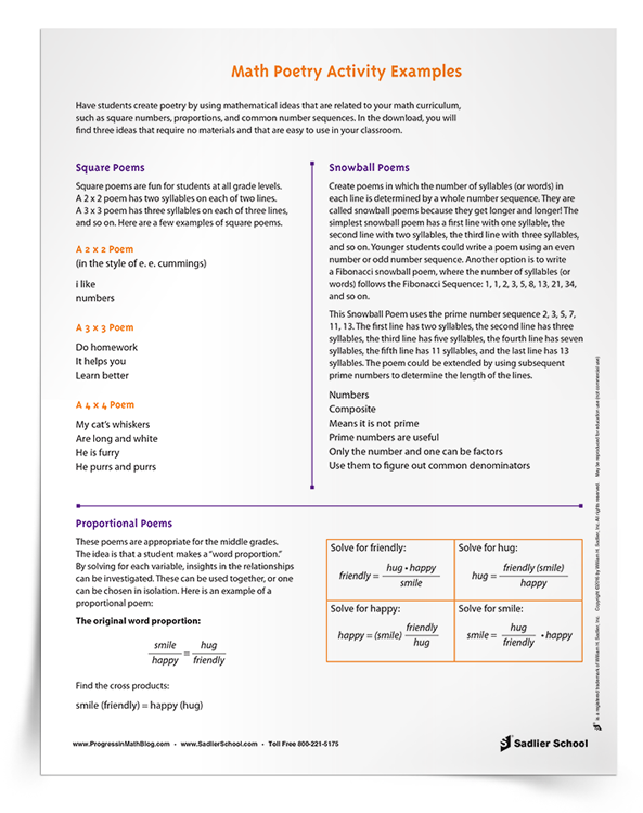 Math Poetry Activity Examples Tip Sheet