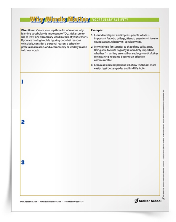 Why Words Matter Vocabulary Activity